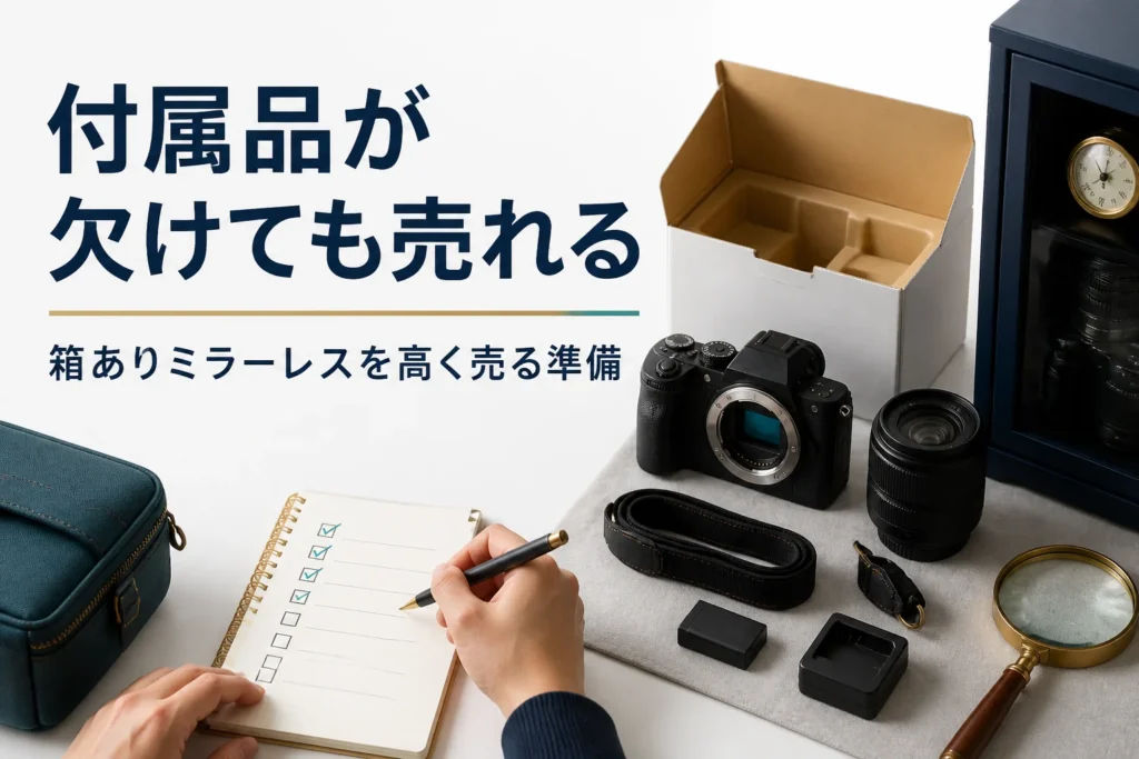 元箱と付属品をそろえてミラーレスカメラの査定準備をする手元