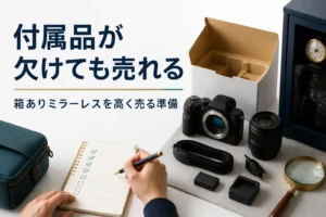 元箱と付属品をそろえてミラーレスカメラの査定準備をする手元
