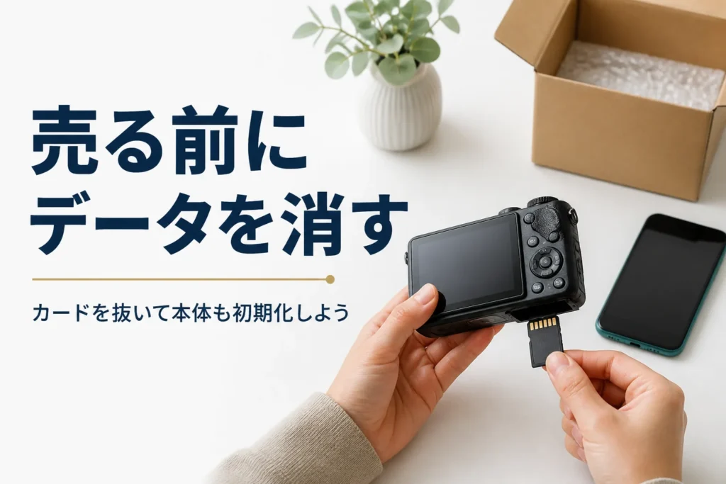 コンパクトデジカメからSDカードを抜いて出品の準備をする手元