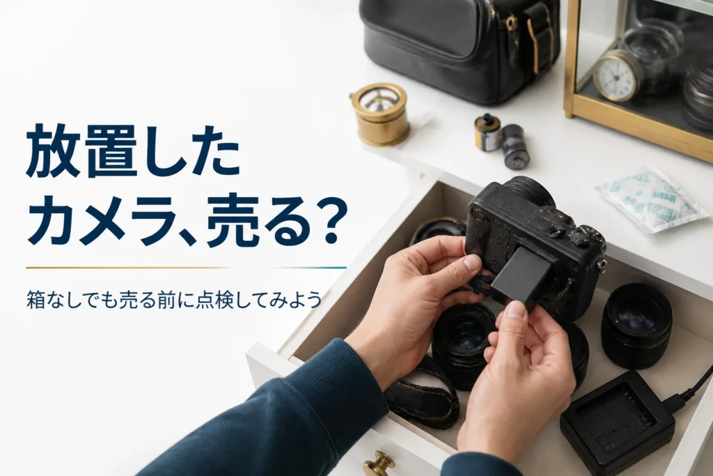 引き出しから出した小型ミラーレスカメラにバッテリーを入れて点検する手元