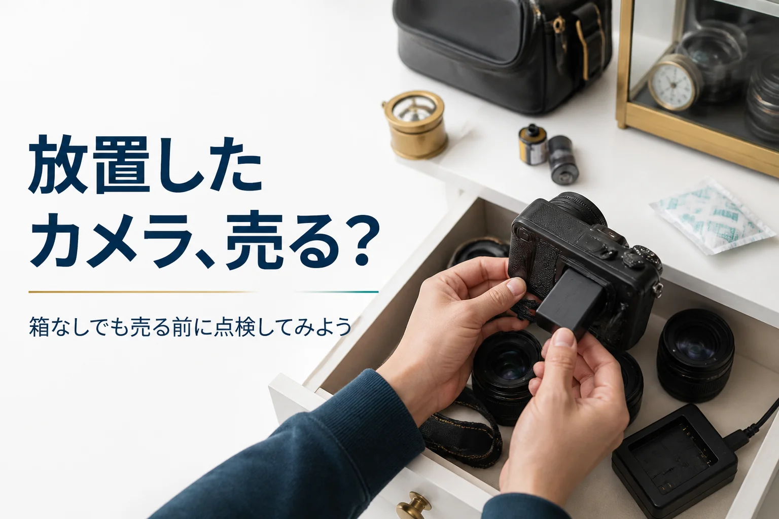 引き出しから出した小型ミラーレスカメラにバッテリーを入れて点検する手元