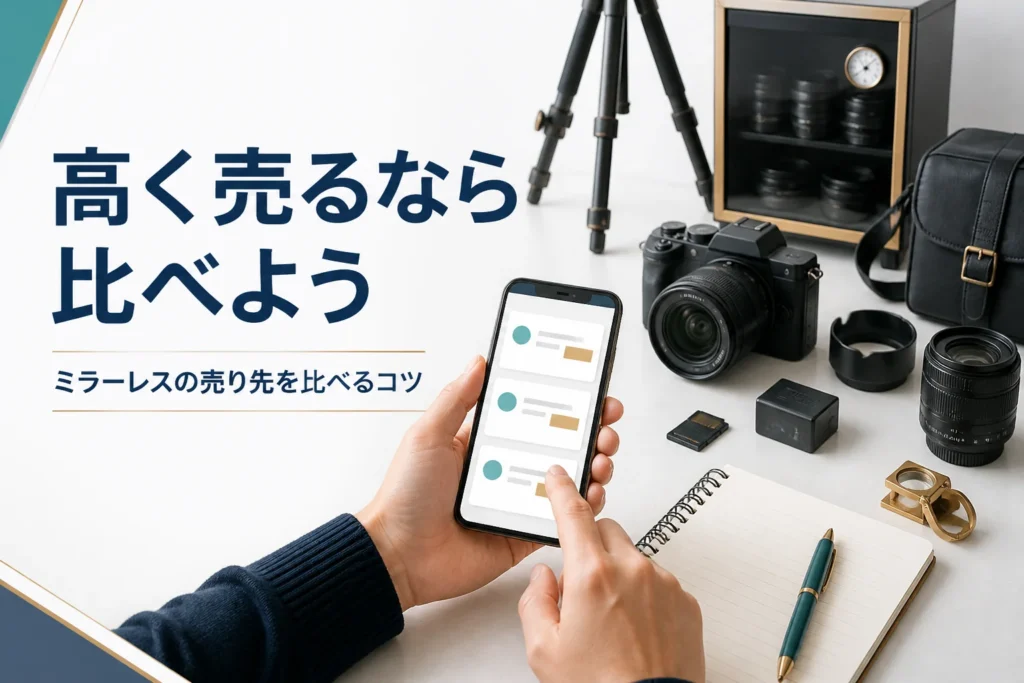 ミラーレスカメラの査定結果をスマホで見比べる手元