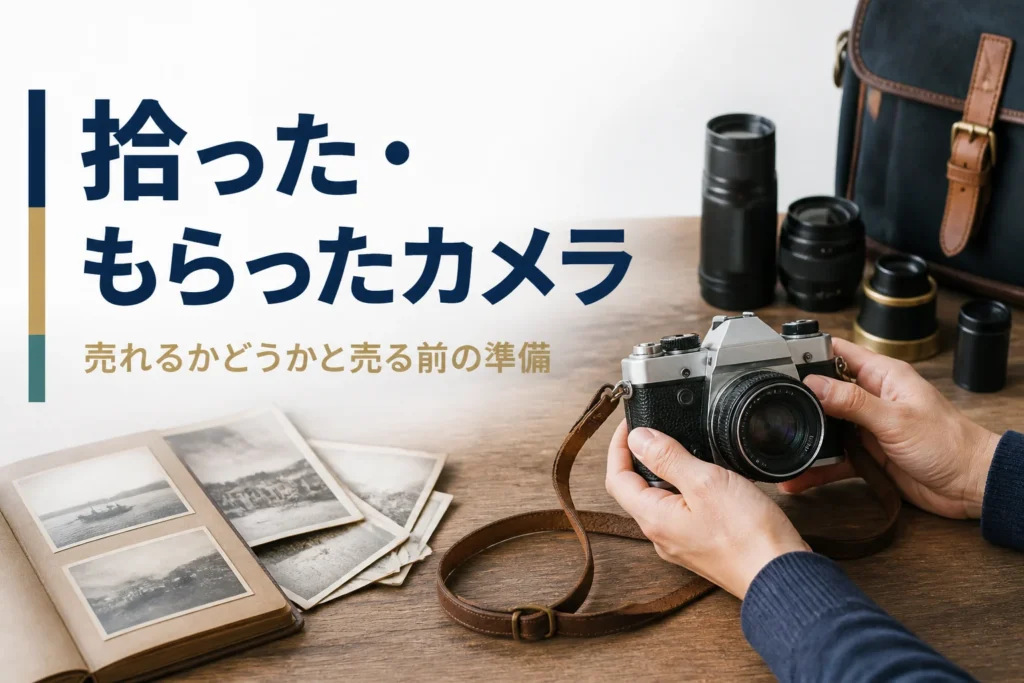 テーブルの上の古いフィルムカメラと写真アルバムを手に取る様子