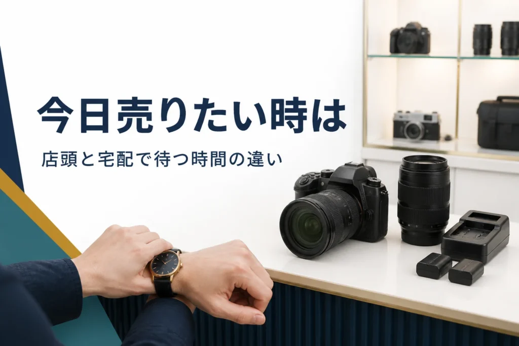 買取カウンターに一眼レフと付属品を並べて時間を気にする手元