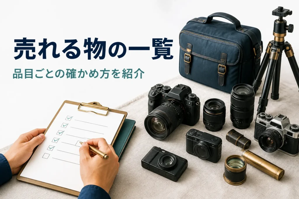 売りたいカメラ機材を並べて品目ごとにチェックする手元