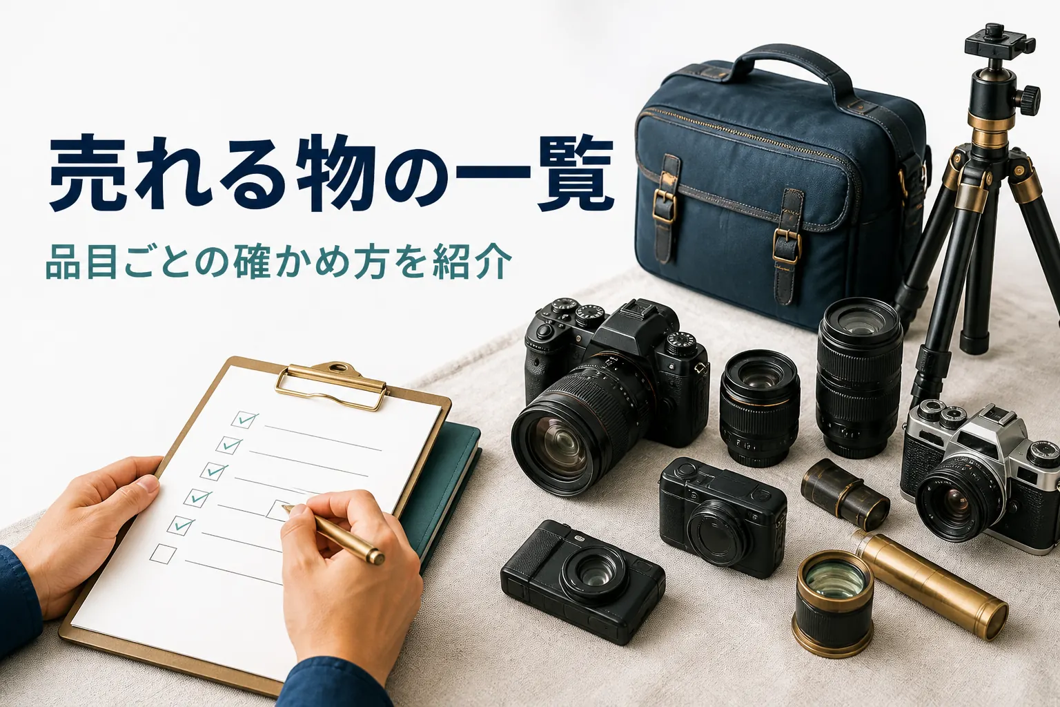 売りたいカメラ機材を並べて品目ごとにチェックする手元