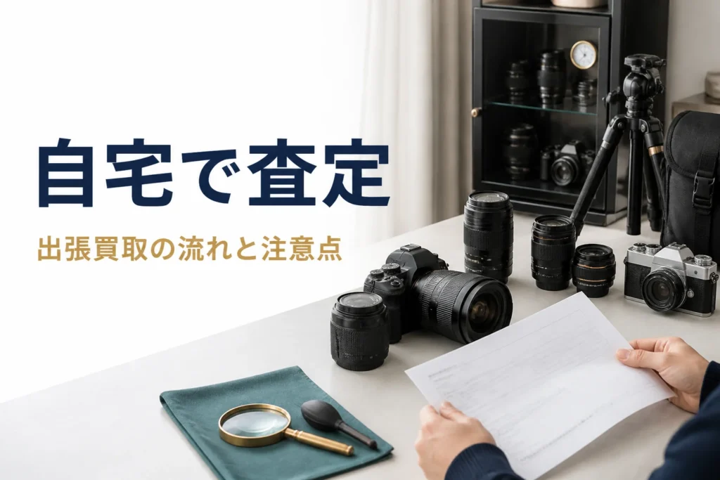 自宅のリビングでカメラ機材を並べて出張査定の書面を確かめる手元
