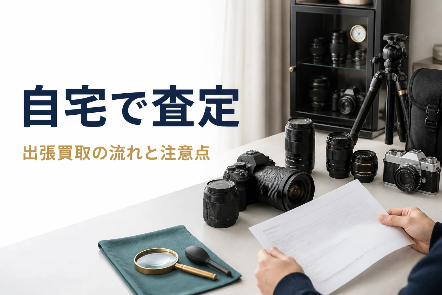 自宅のリビングでカメラ機材を並べて出張査定の書面を確かめる手元
