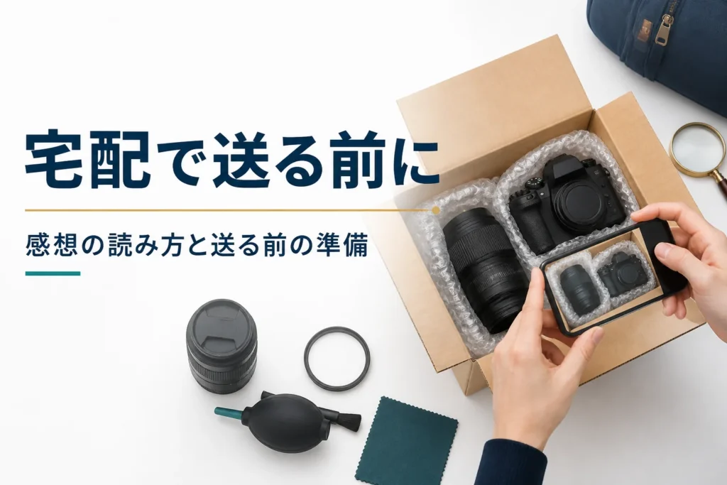 宅配買取の箱にカメラとレンズを詰めて写真を残す手元
