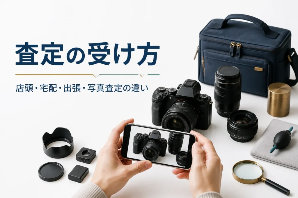 写真査定のために一眼レフとレンズをスマホで撮影する手元