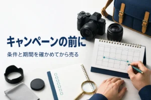 買取キャンペーンの期間と条件をカレンダーとメモで確かめる手元