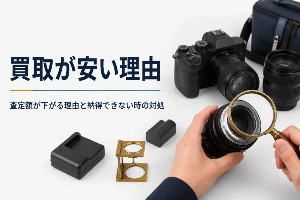 一眼レフと交換レンズの状態をルーペで確かめる手元