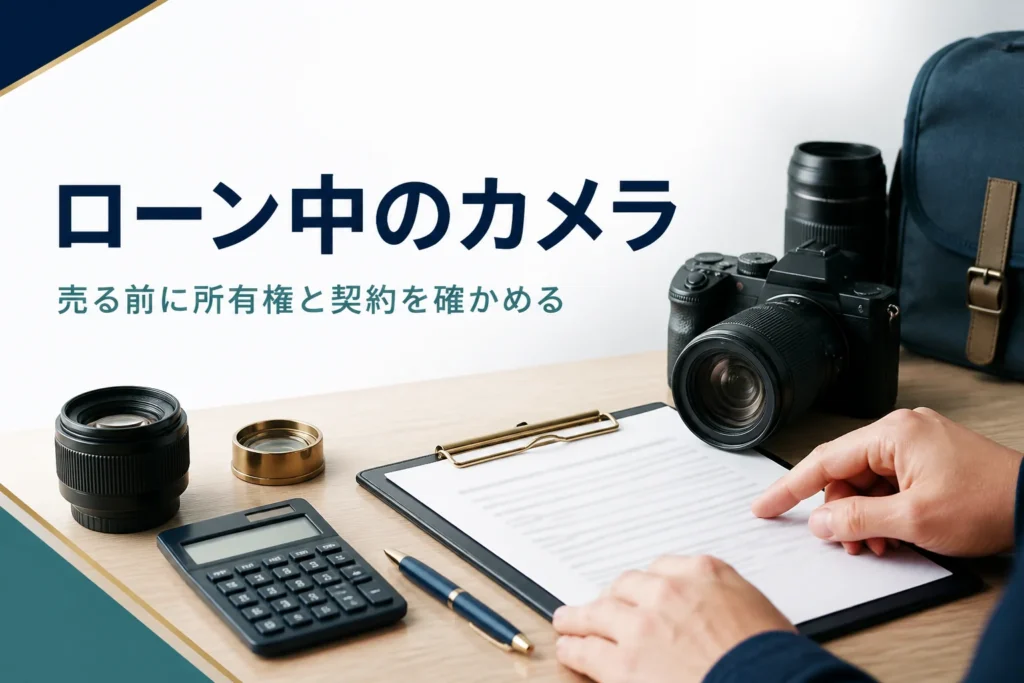 ミラーレスカメラの横で契約書の内容を確かめる手元