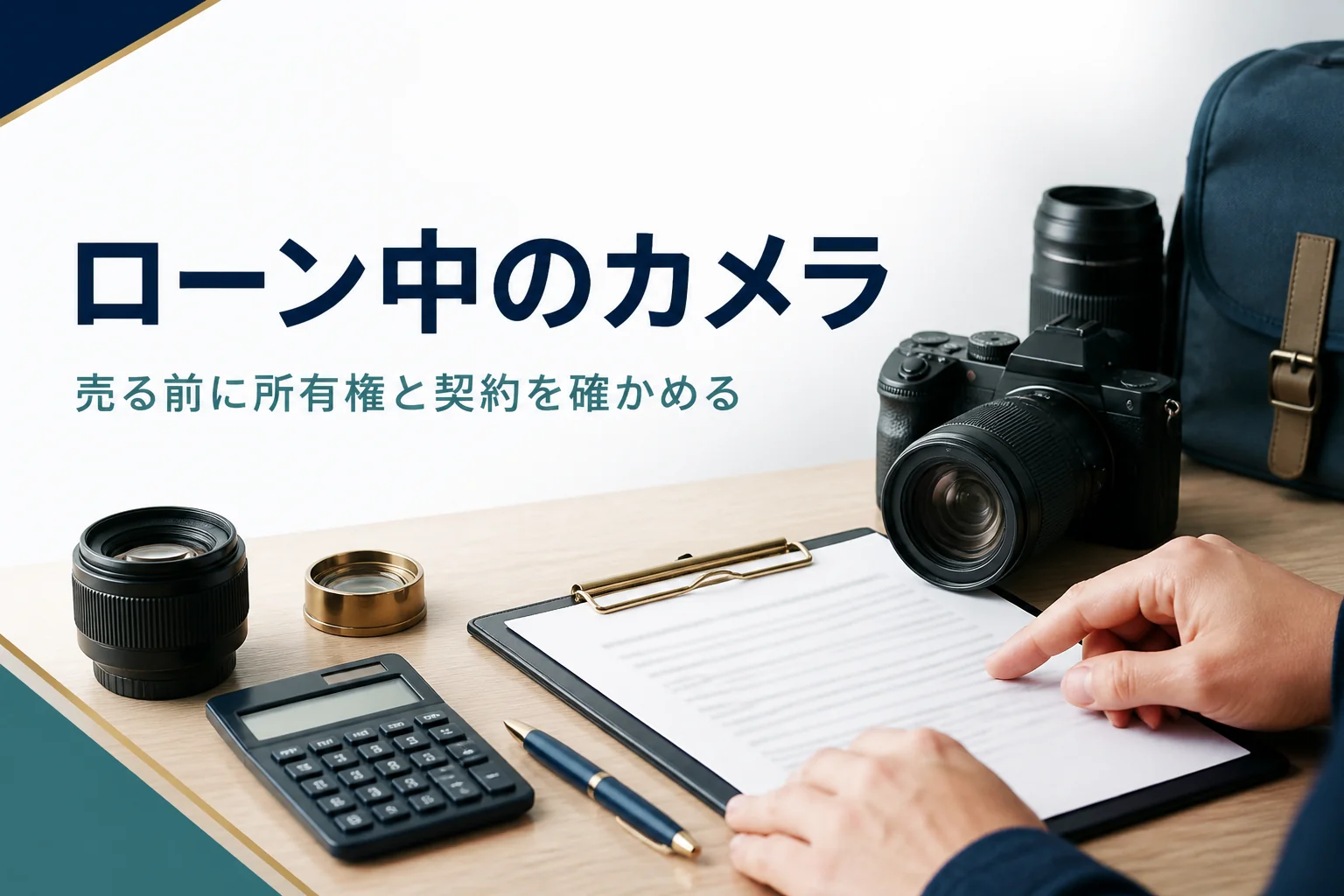ミラーレスカメラの横で契約書の内容を確かめる手元