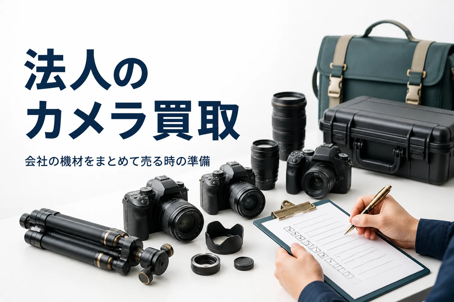 事務所の机に並んだカメラ機材を一覧で確かめる手元