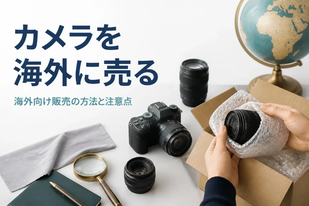 一眼レフと交換レンズを海外発送用の箱に梱包する手元