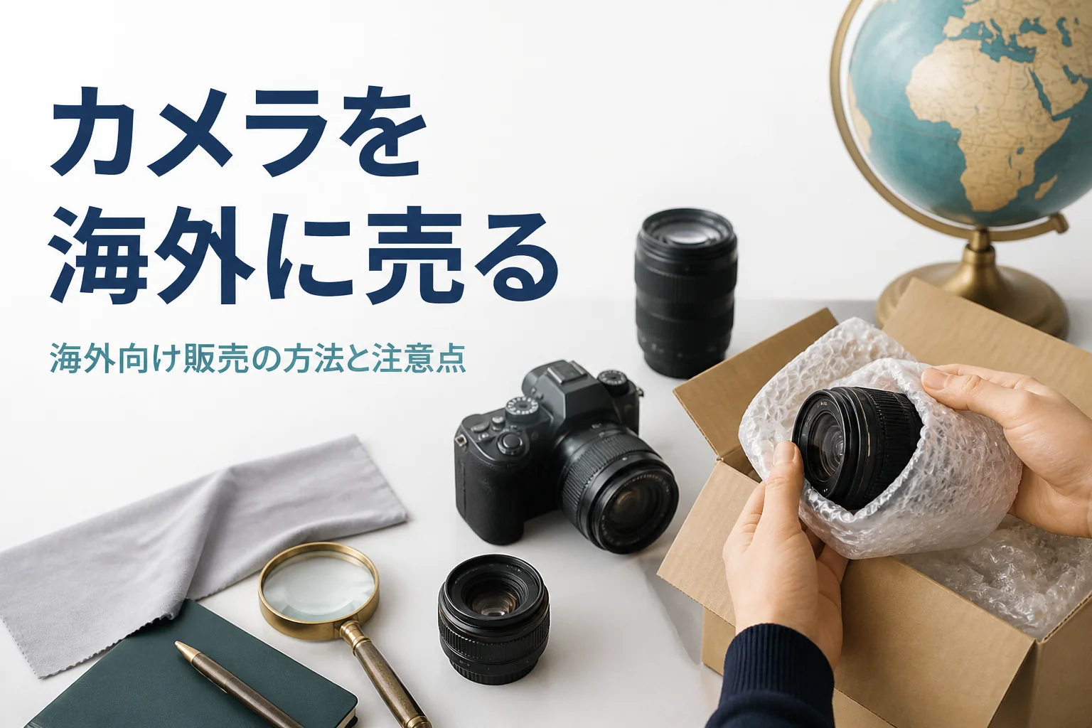 一眼レフと交換レンズを海外発送用の箱に梱包する手元
