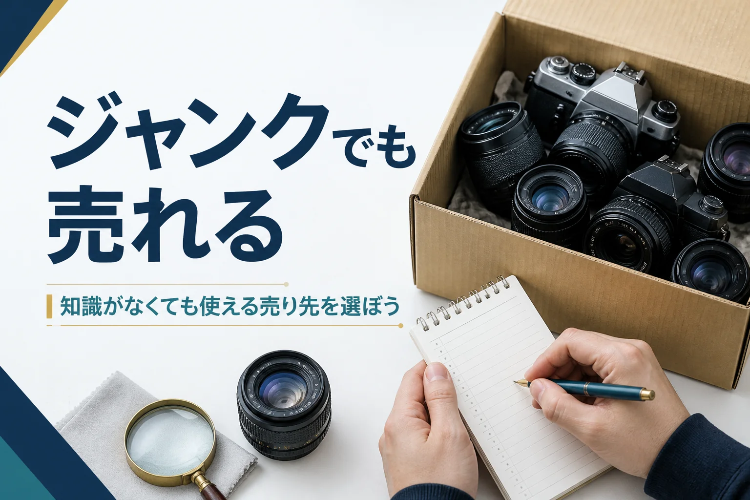 段ボール箱の古い一眼レフの型番をメモする手元