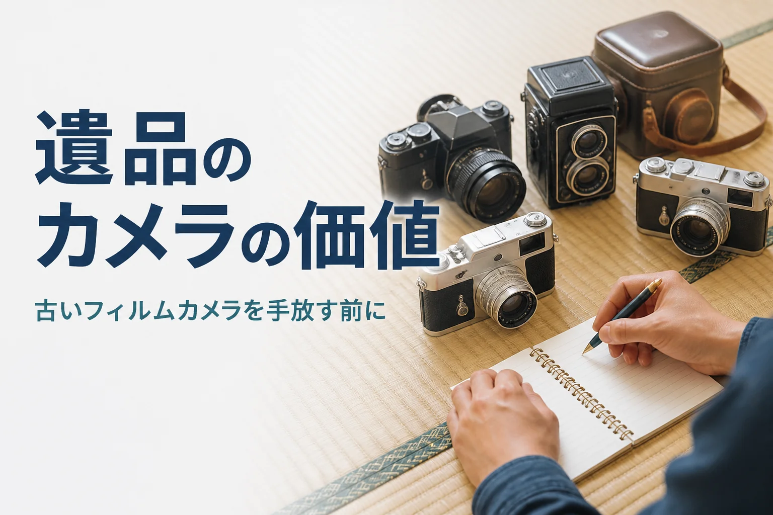 和室に並べた古いフィルムカメラの型番をメモする手元