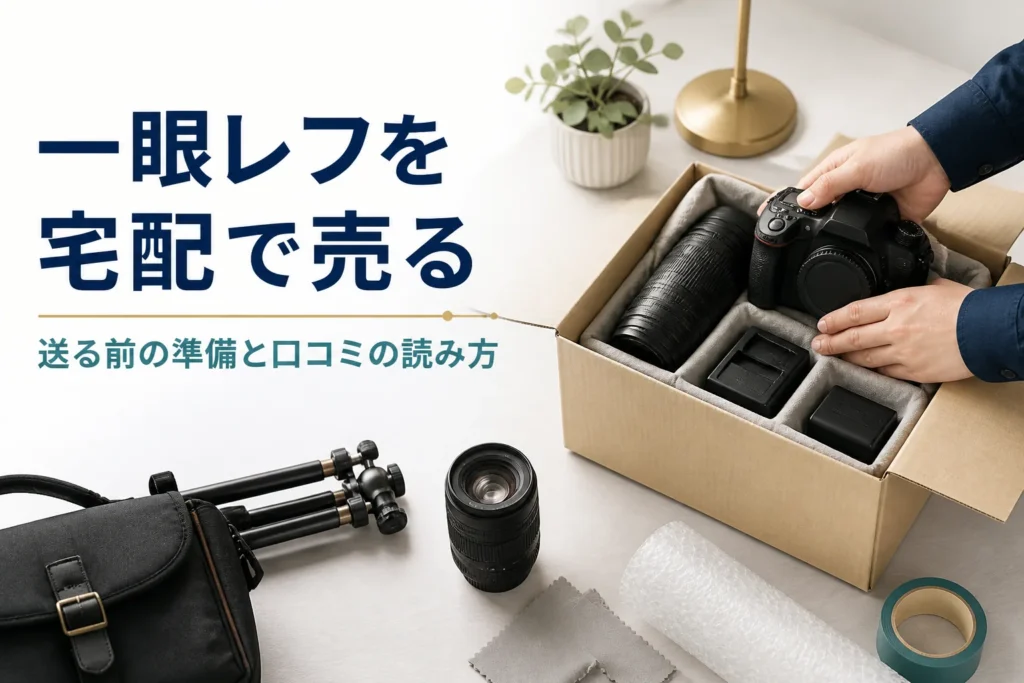 一眼レフを梱包キットに入れて宅配買取の準備をしている様子