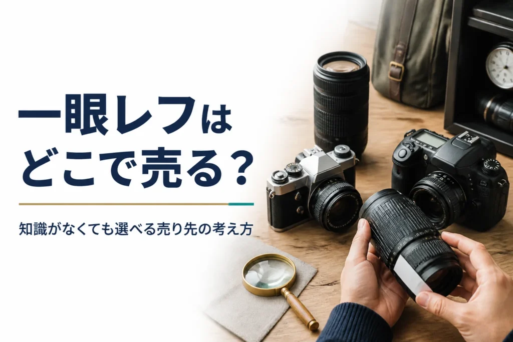 古い一眼レフと交換レンズを並べて売り先を考えている様子
