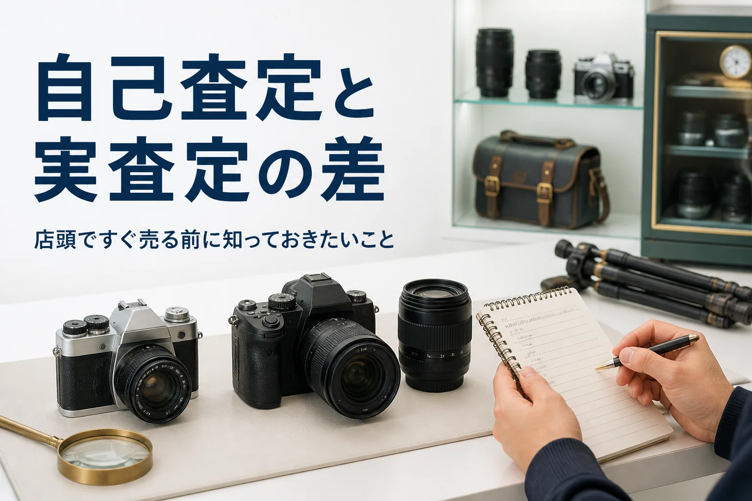 一眼レフと標準ズームを並べて自分で調べた見込みと比べている様子