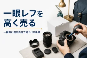 一眼レフを手入れして付属品をそろえ、売る準備をしている様子