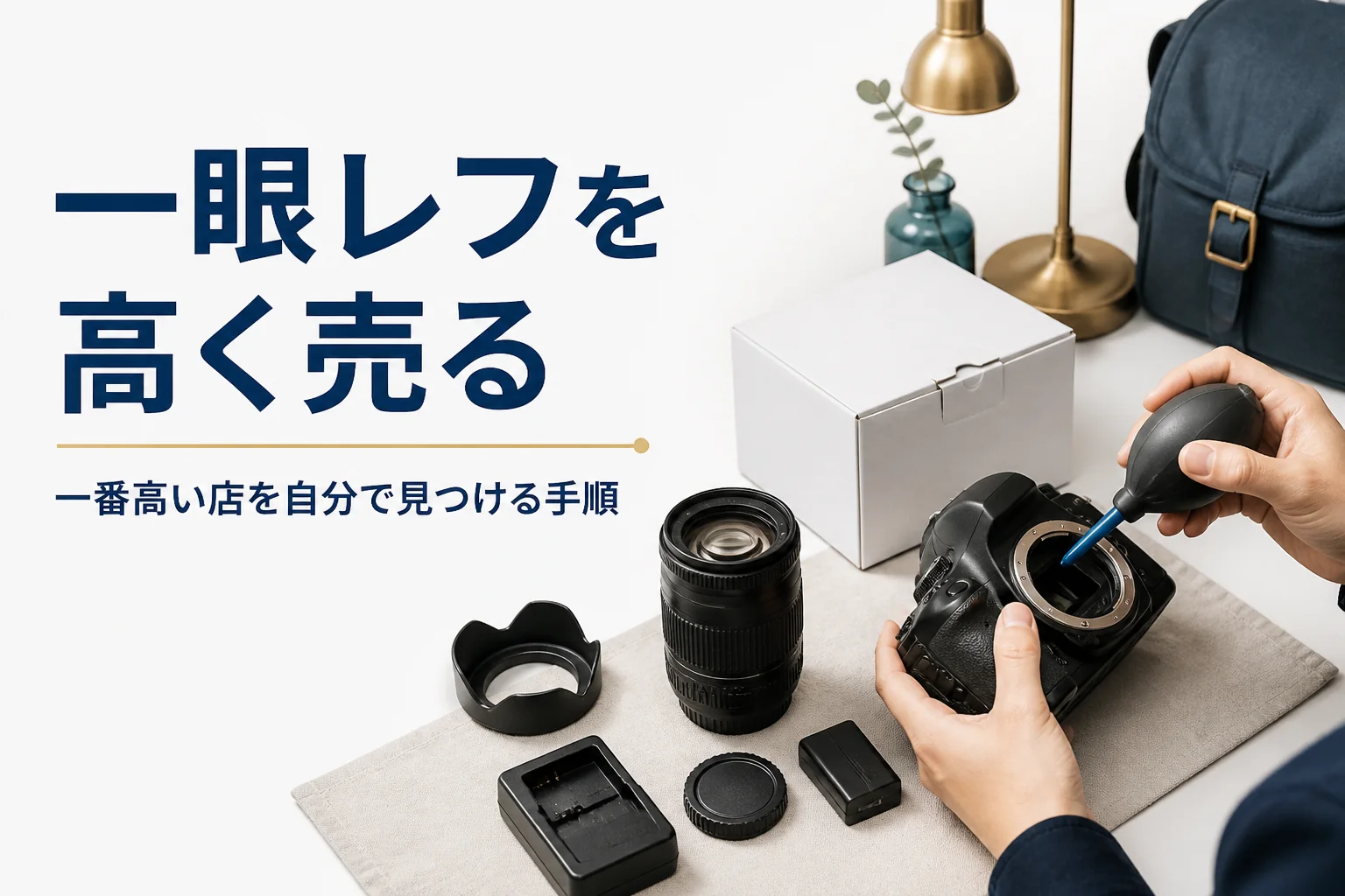 一眼レフを手入れして付属品をそろえ、売る準備をしている様子