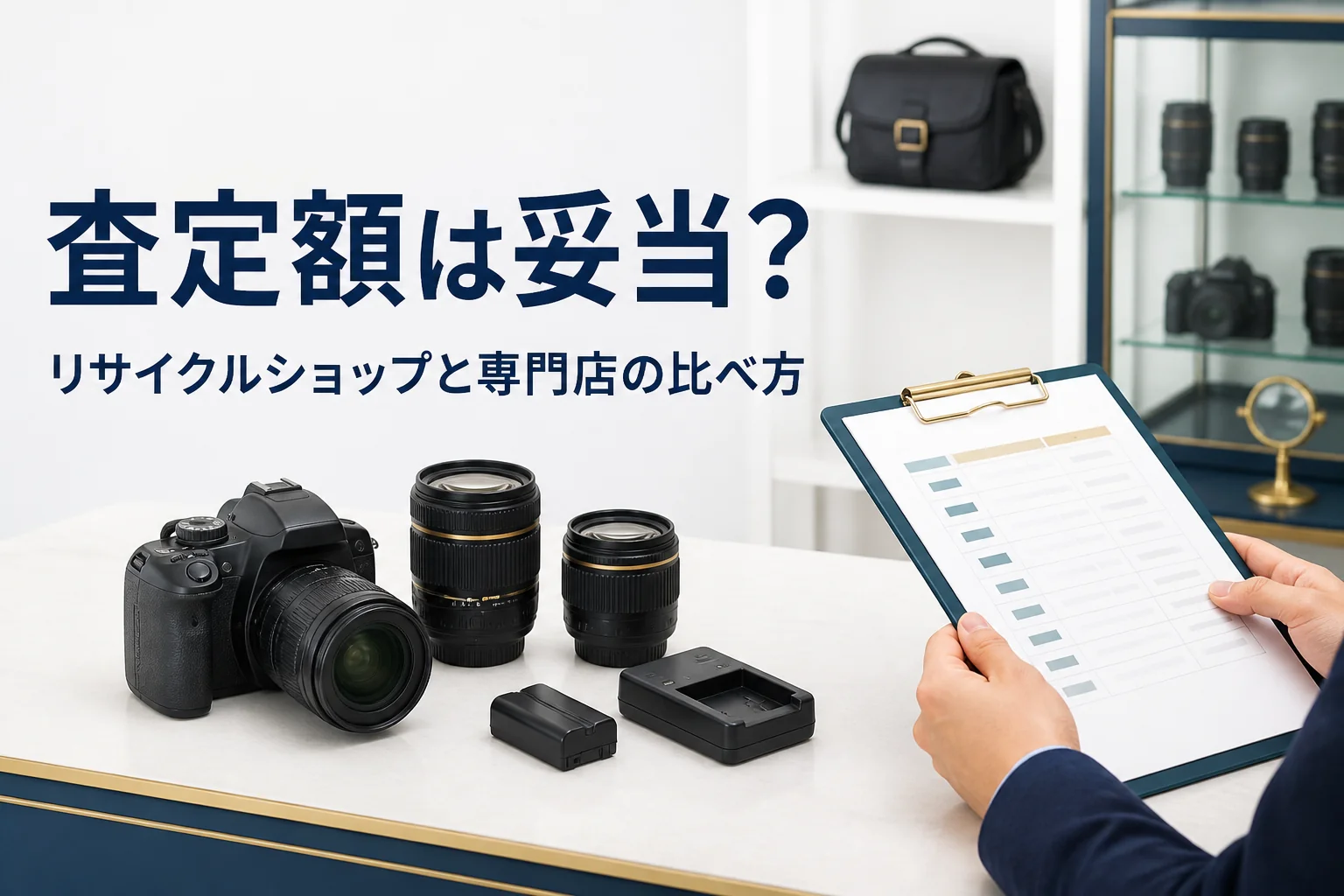 一眼レフのダブルズームキットの査定結果を見比べている様子