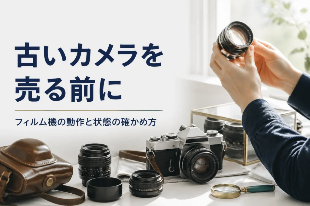 古いフィルムカメラのレンズを光に透かして状態を確かめている様子