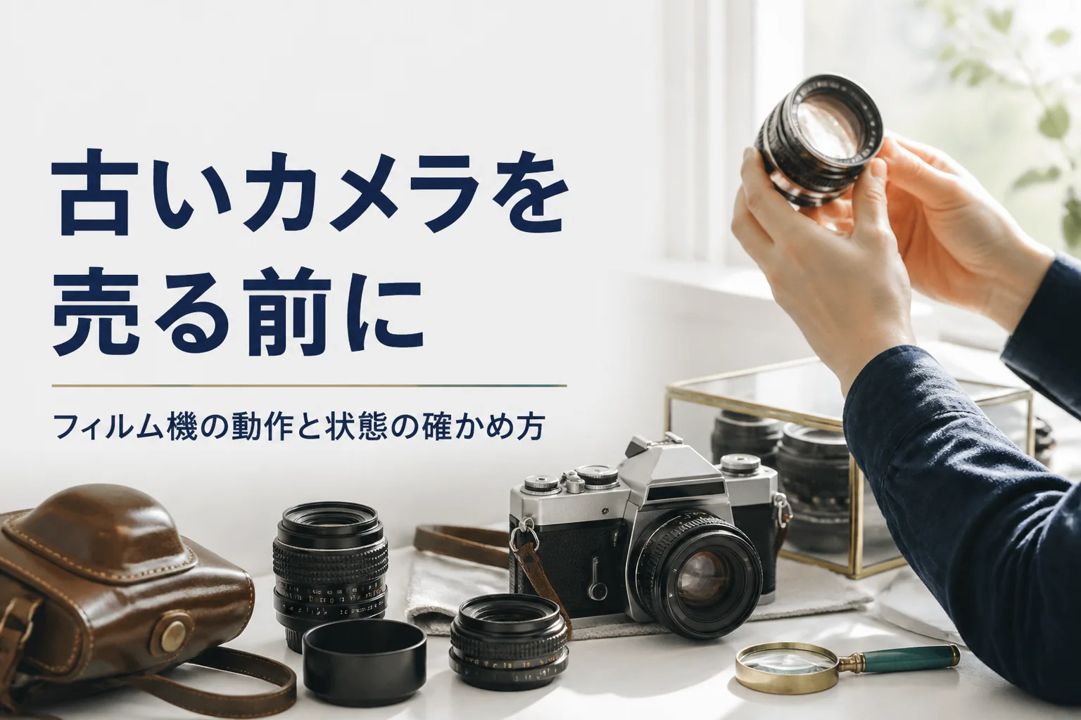 古いフィルムカメラのレンズを光に透かして状態を確かめている様子