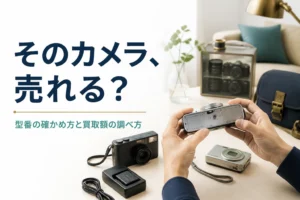 古いフィルムカメラとデジタルカメラの型番を確かめている様子