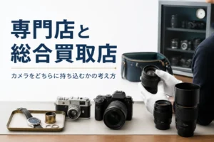 カメラと貴金属などを並べて、どの店に持ち込むか考えている様子