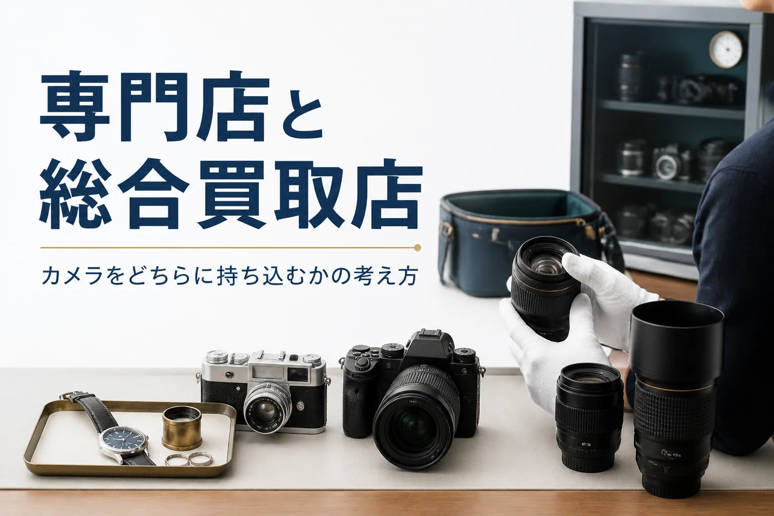 カメラと貴金属などを並べて、どの店に持ち込むか考えている様子
