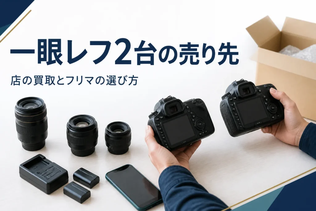 一眼レフ2台を並べて、どこに売るか考えている様子