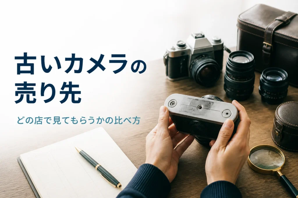 古いフィルムカメラを並べて売り先を比べている様子