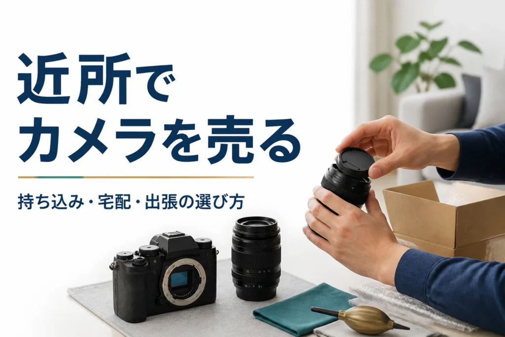 自宅でカメラとレンズを準備し、売り方を考えている様子
