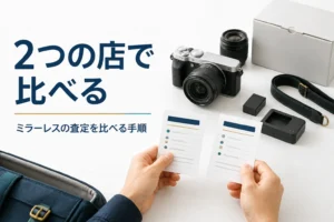 ミラーレスカメラと付属品を並べ、2つの査定を比べている様子