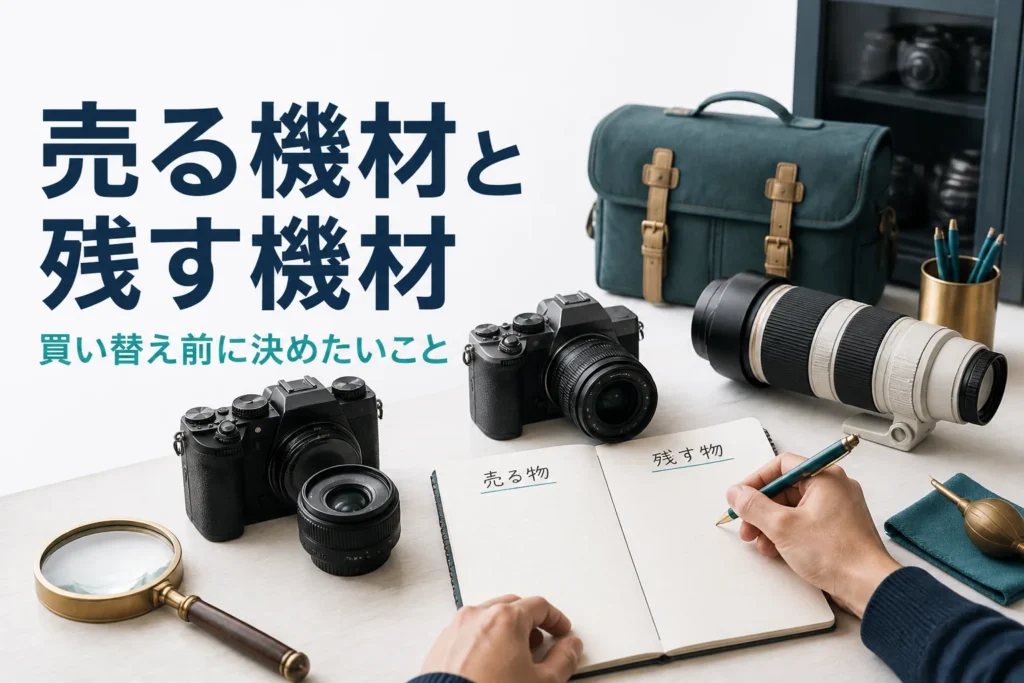複数のカメラとレンズを並べ、売るか残すかを考えている様子