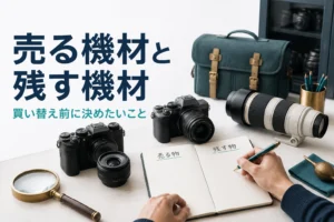 複数のカメラとレンズを並べ、売るか残すかを考えている様子