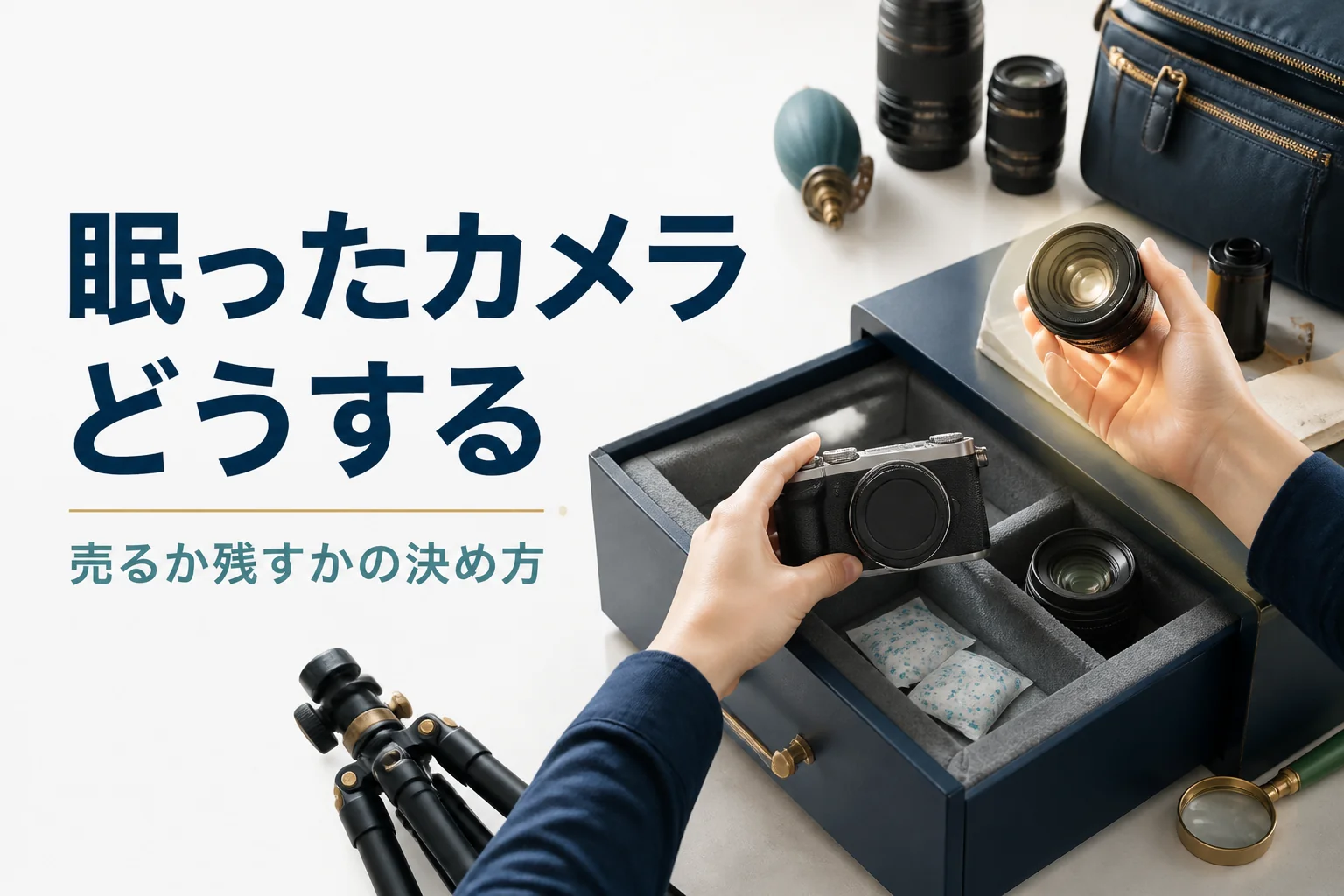 しまったままのミラーレスカメラを取り出して状態を見ている様子