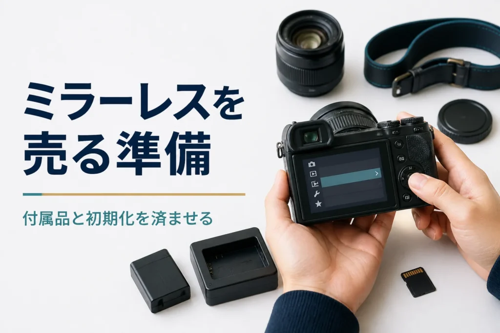 ミラーレスカメラの付属品をそろえて売る準備をしている様子