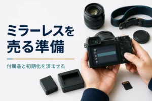 ミラーレスカメラの付属品をそろえて売る準備をしている様子