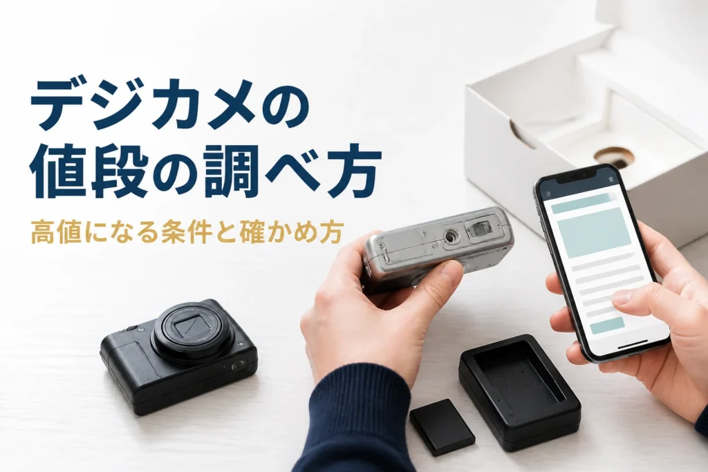 コンパクトデジカメの型番を確かめて買取額を調べている様子