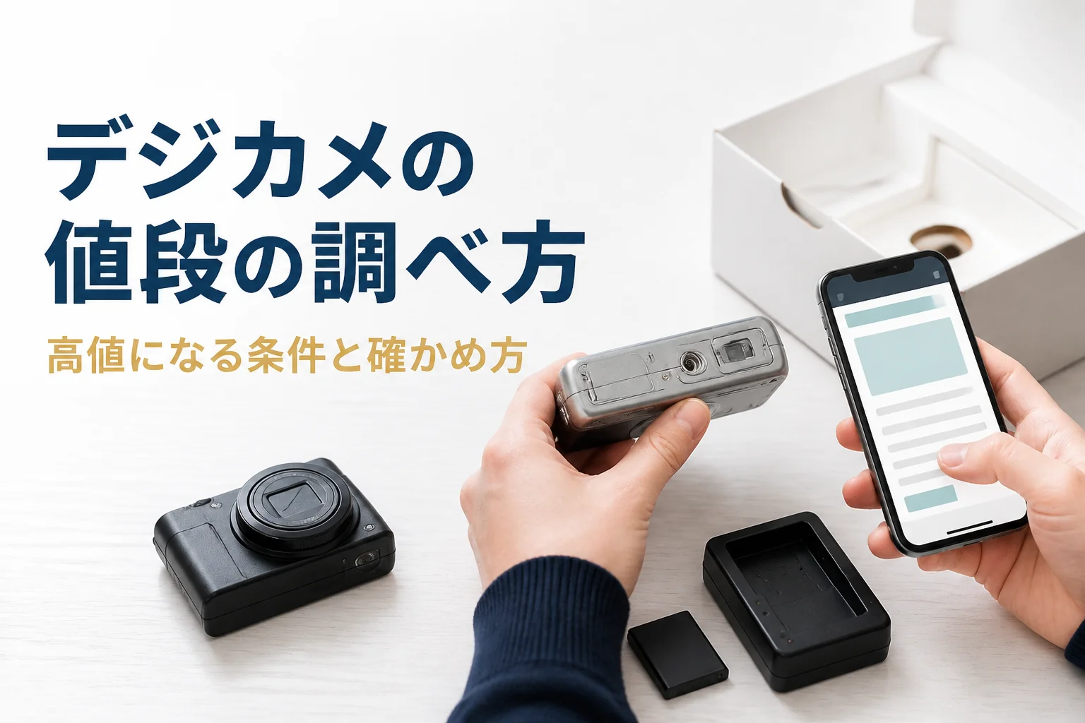 コンパクトデジカメの型番を確かめて買取額を調べている様子