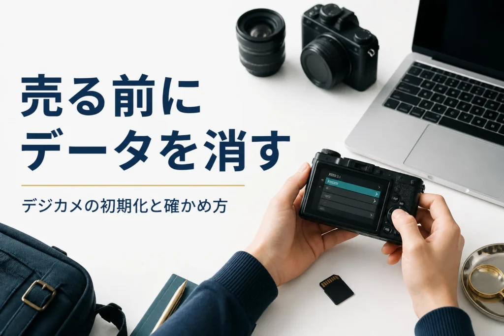 コンパクトデジカメのデータを消して初期化している様子