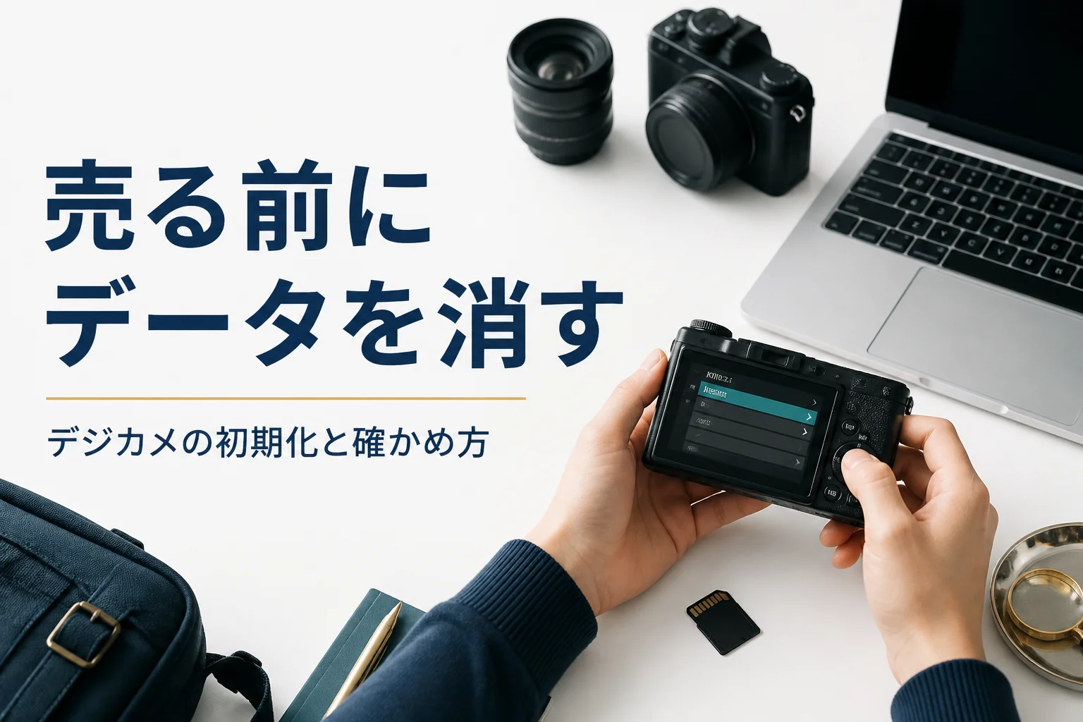 コンパクトデジカメのデータを消して初期化している様子