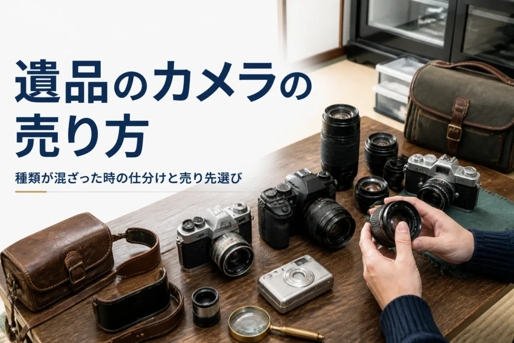 遺品の一眼レフやデジタルカメラ、フィルムカメラを種類ごとに仕分けている様子