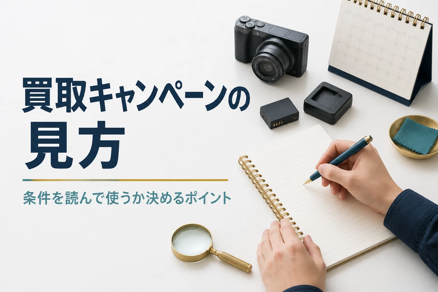 デジカメと付属品を前に、買取キャンペーンの条件をメモしている様子