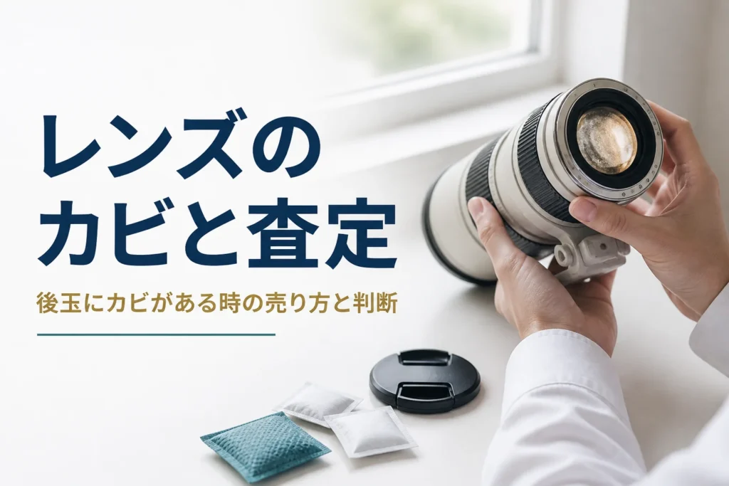 望遠ズームレンズの後玉を光に透かしてカビを確かめている様子